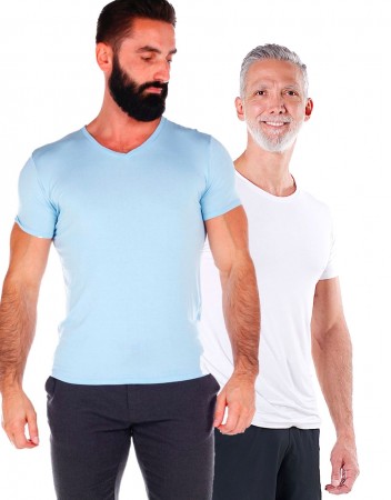 BAMBUS T-SKJORTE Lys blå/hvit med V-hals. 2 pack